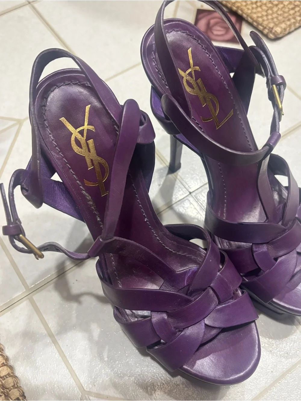 Yves Saint Laurent Deep Purple Braided Strappy High Heel Sandals